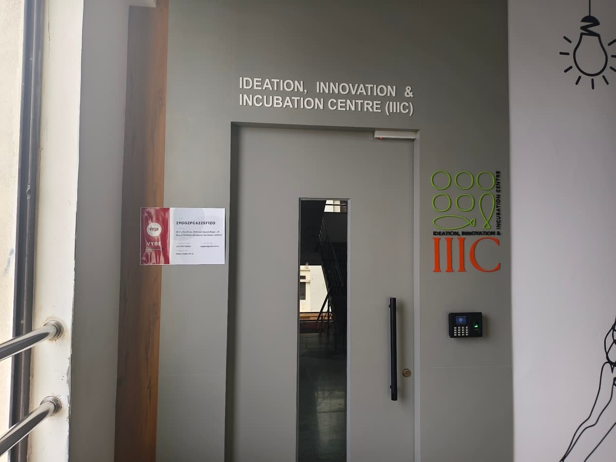 The entrance to the Ideation, Innovation and Incubation Centre, with the Vybe Technologies notice on the wall beside the door